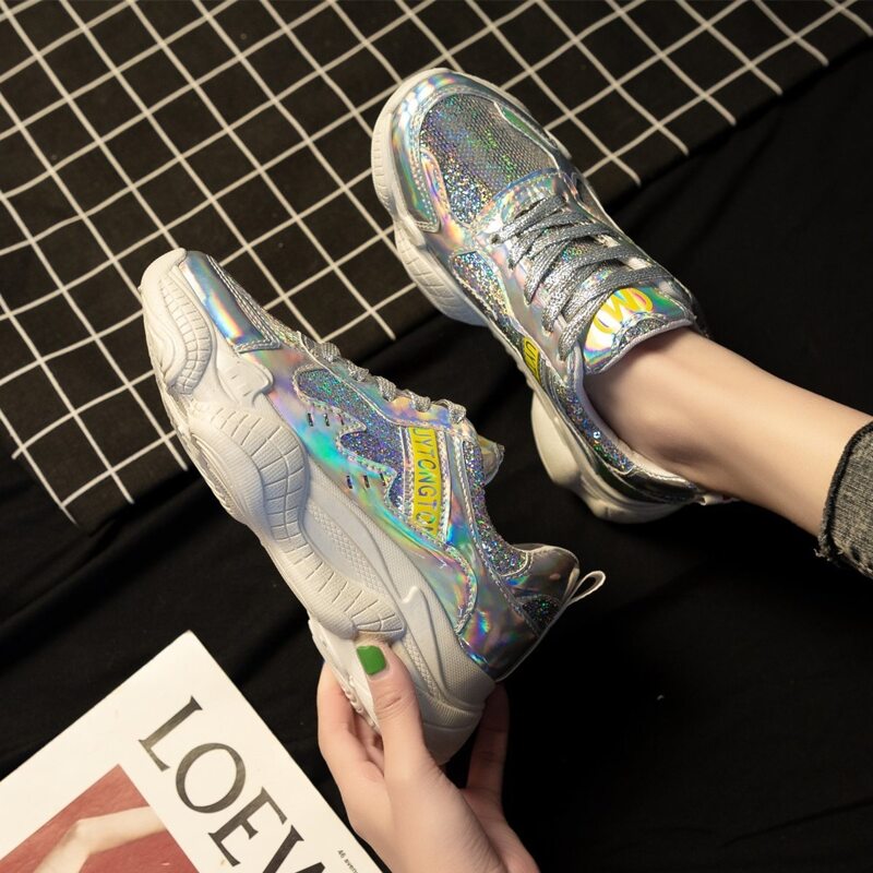 

Holographic Glitter Lace-up Chunky Sneakers, Silver