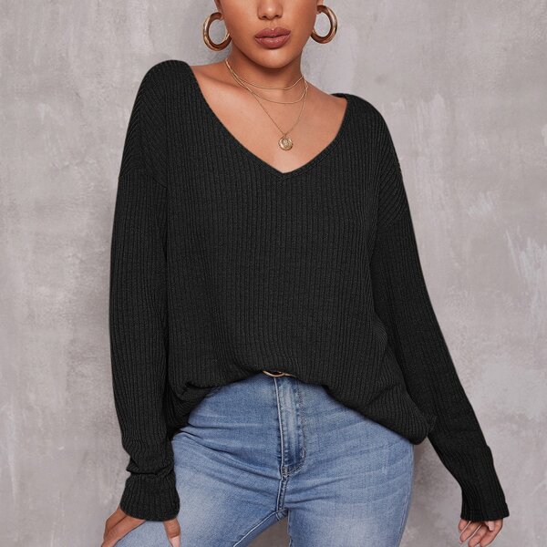 

Drop Shoulder Split Side Rib-knit Top, Black
