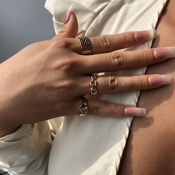 

3pcs Chain Design Ring, Gold