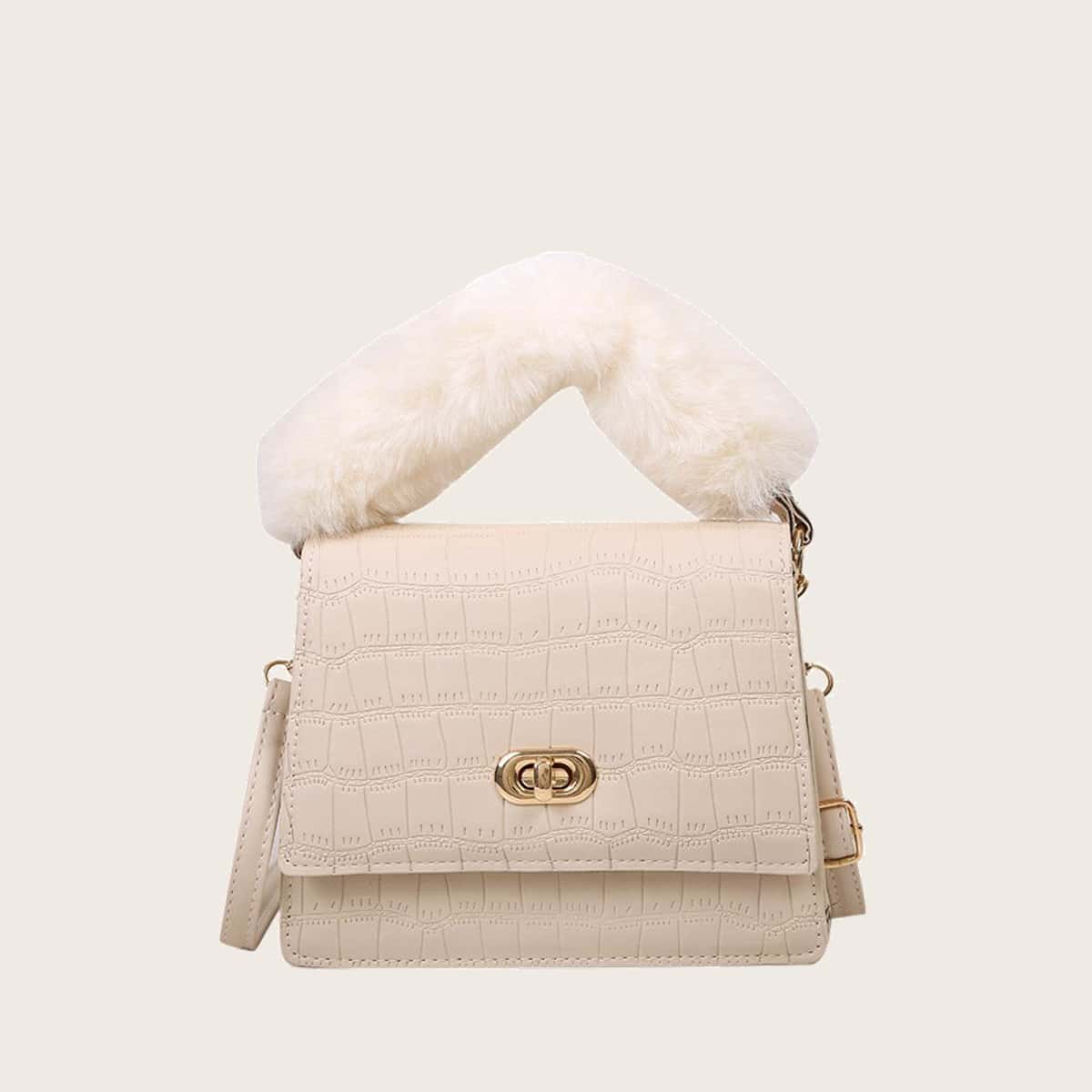 

Croc Embossed Fluffy Handle Satchel Bag, Beige