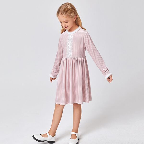 

Girls Lace Detail Velvet Dress, Pink pastel