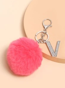 1pc Diamond-decorated Alphabet Shape Fur Ball Keychain Car Pendant Phone Charm - Watermelon Pink - View 4