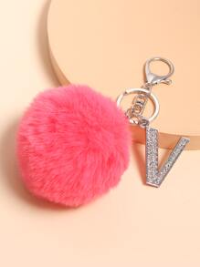 1pc Diamond-decorated Alphabet Shape Fur Ball Keychain Car Pendant Phone Charm - Watermelon Pink - View 5