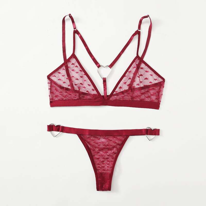 

Heart Print Mesh Thong Lingerie Set, Burgundy