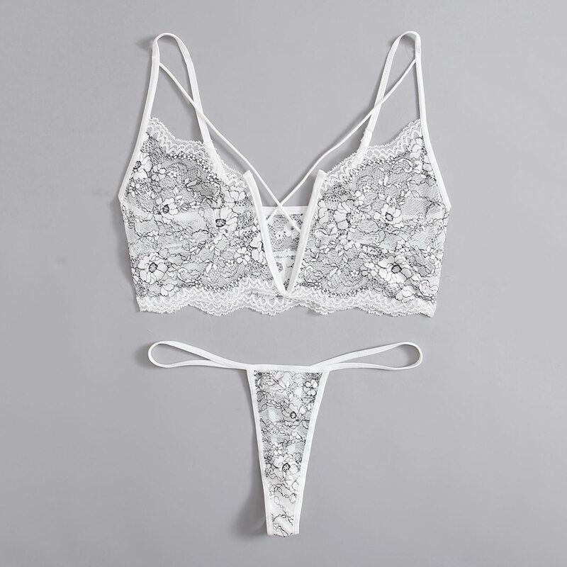 

Floral Lace Thong Lingerie Set, White