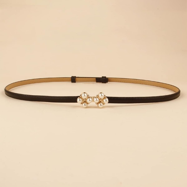 

Faux Pearl Decor Skinny Belt, Black