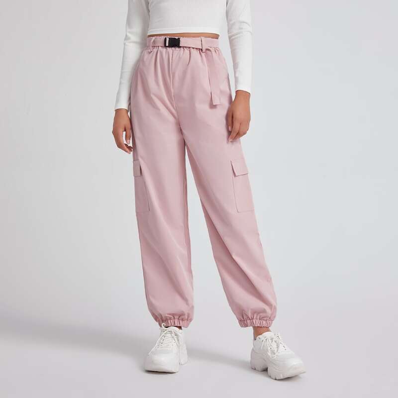 

Solid Cargo Pants With Buckle Belt, Baby pink