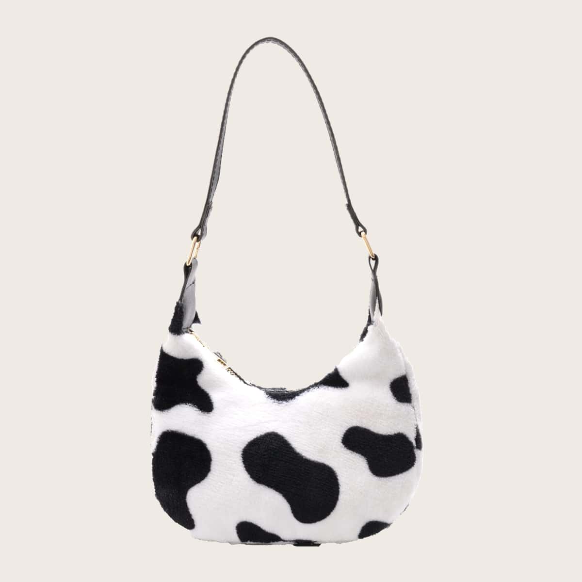 

Cow Print Fluffy Shoulder Bag, Black and white