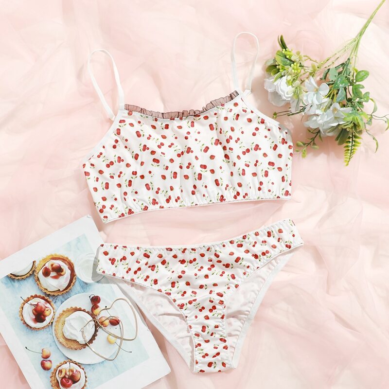 

Cherry Print Frill Trim Lingerie Set, Multicolor