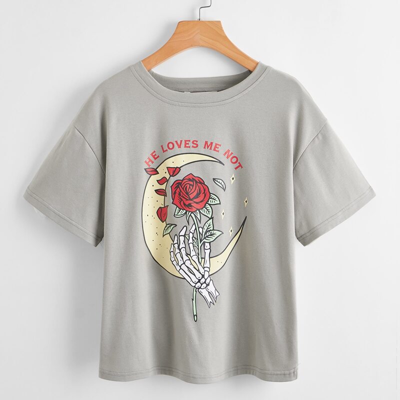 

Letter Rose & Skeleton Graphic Tee, Grey