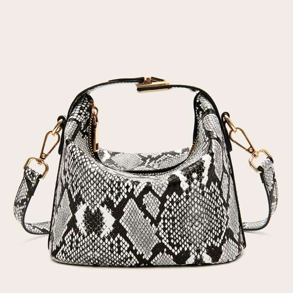 

Push Lock Snakeskin Print Satchel Bag, Black and white