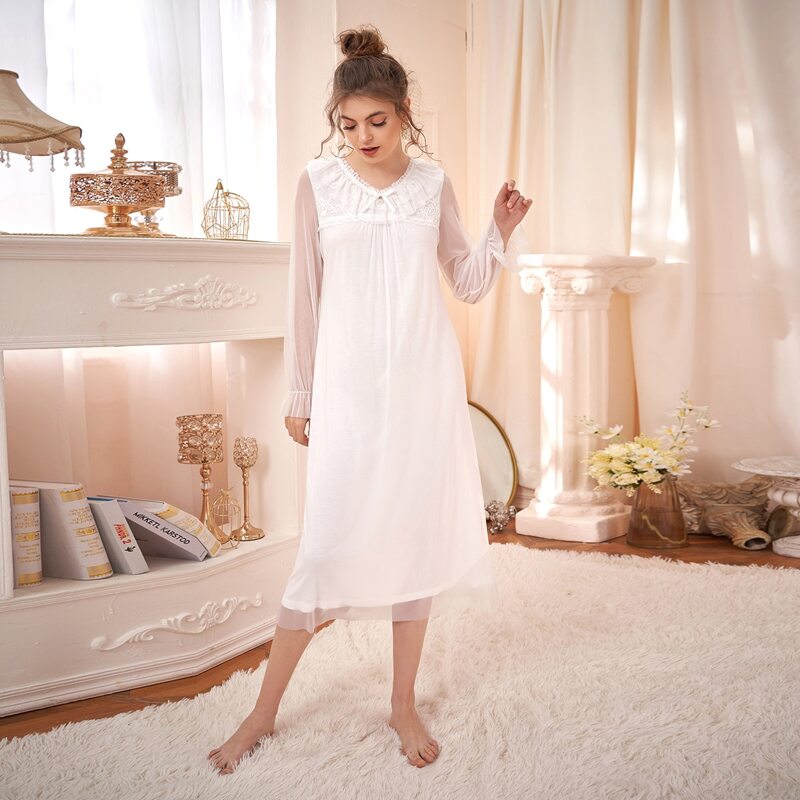 

Pearls Decoration Mesh Night Dress, White