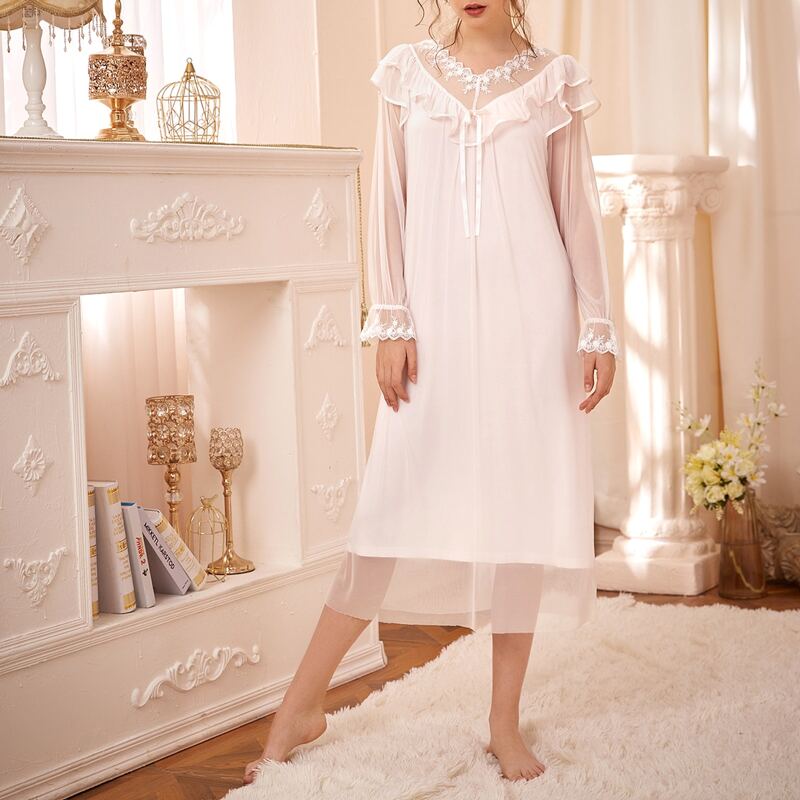 

Contrast Lace Ruffle Trim Night Dress, Pastel baby pink
