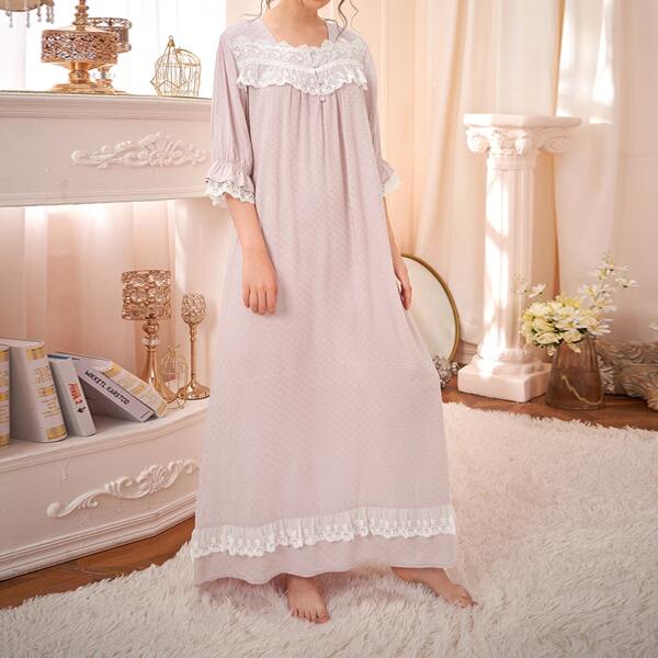 

Contrast Lace Button Front Night Dress, Dusty pink