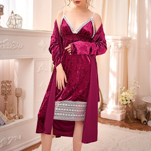 

Velvet Contrast Lace Slip Dress & Belted Robe, Rose red