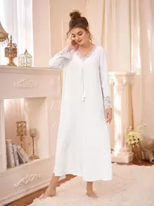 Contrast Lace Fringe Detail Night Dress - White - View 1