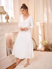 Contrast Lace Fringe Detail Night Dress - White - View 5