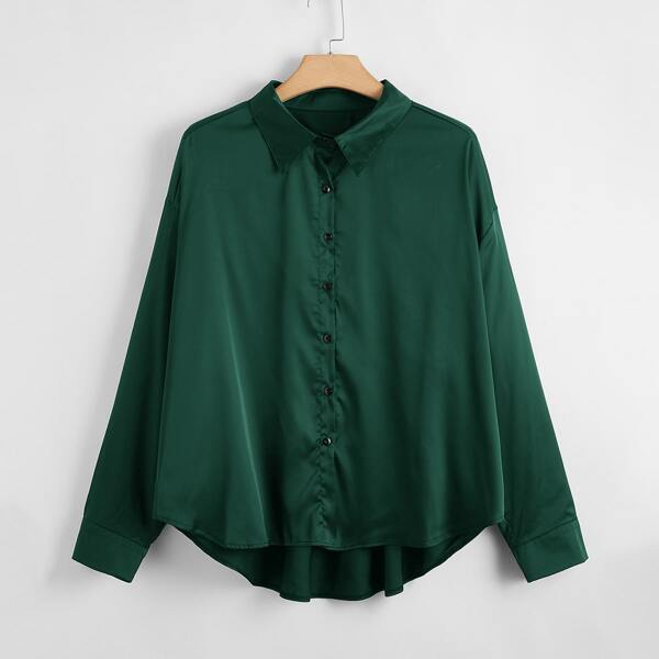 

Plus Button Up High Low Satin Blouse, Dark green