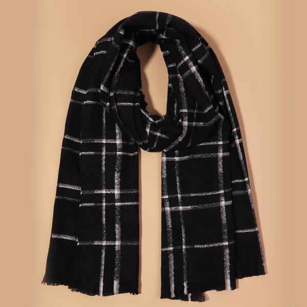 

Raw Hem Plaid Scarf, Black and white