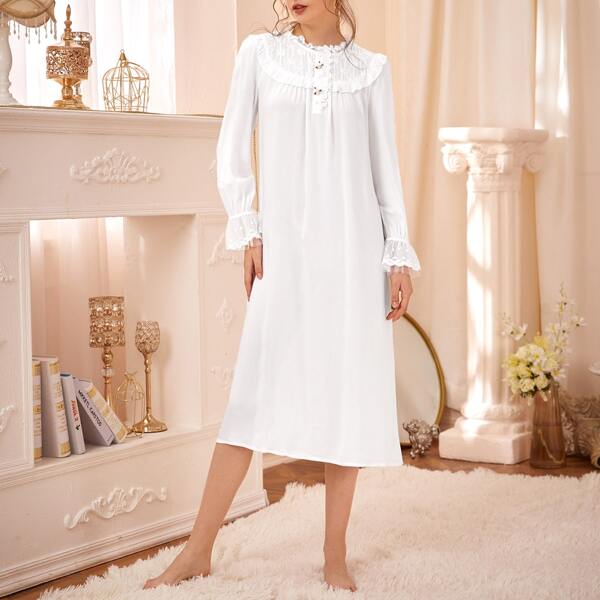 

Contrast Lace Ruffle Trim Nightdress, White
