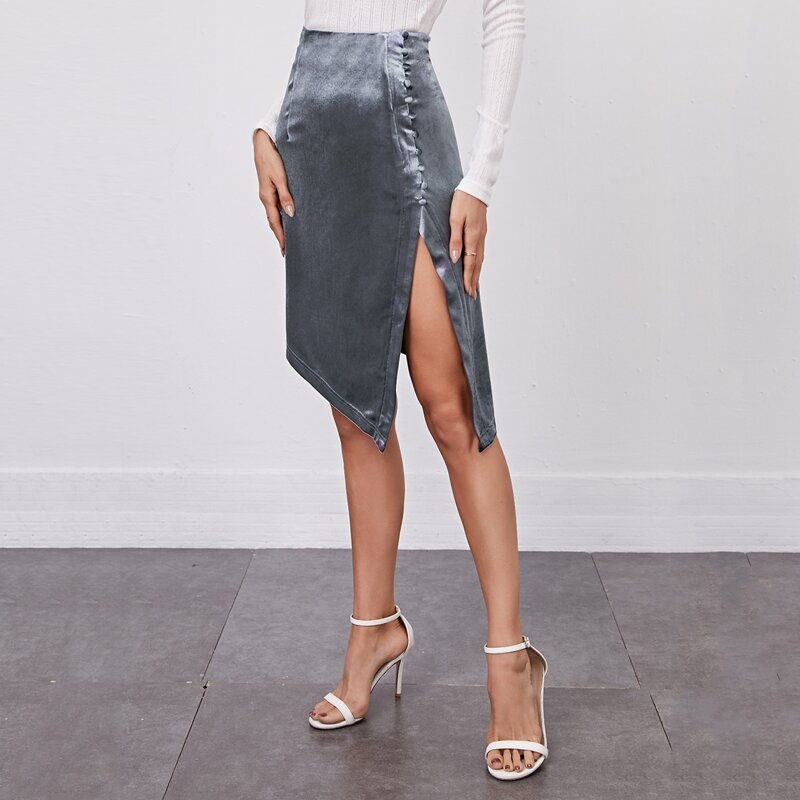 

Covered Button Asymmetrical Hem Velvet Skirt, Dusty blue