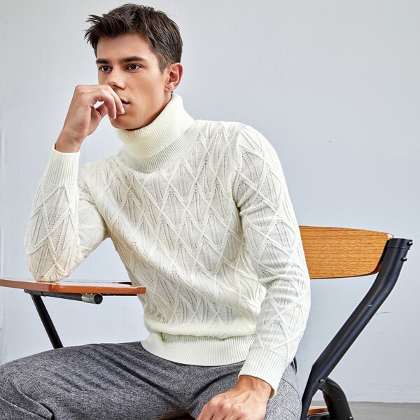

Men Turtle Neck Argyle Knit Sweater, Beige