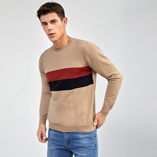 

Men Colorblock Striped Sweater, Mocha brown