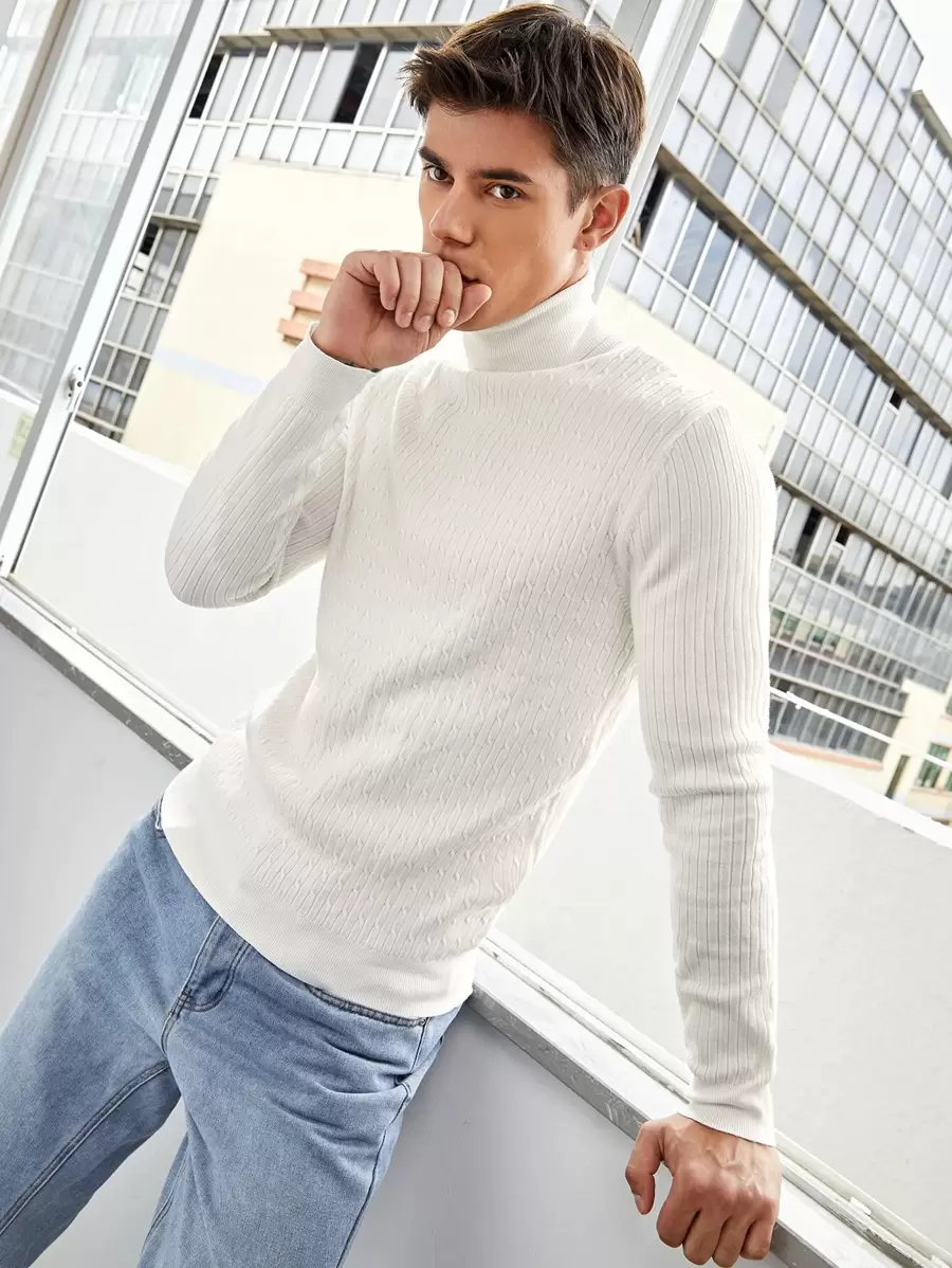GENTILAND Men High Neck Textured Knit Jumper - White - View 1