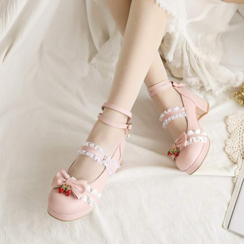 

Bow Decor Ankle Strap Chunky Heeled Pumps, Pink