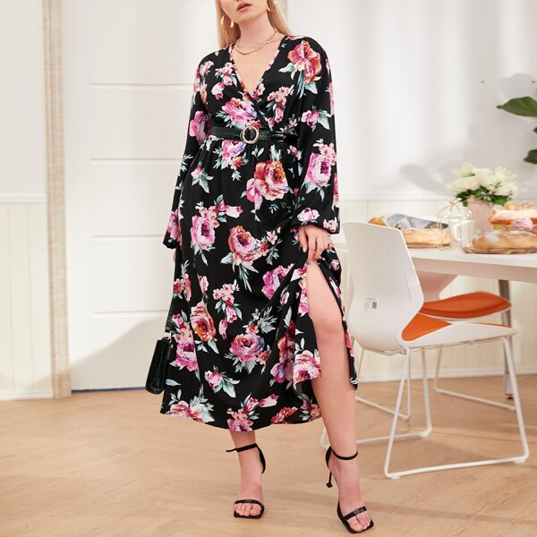 

Plus Floral Print Lantern Sleeve Dress Without Bag, Multicolor