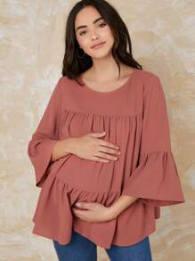 SHEIN Maternity Bell Sleeve Smock Top - Dusty Pink - View 3