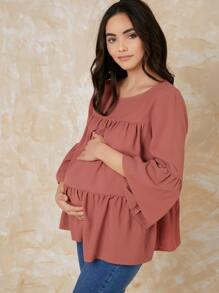 SHEIN Maternity Bell Sleeve Smock Top - Dusty Pink - View 4