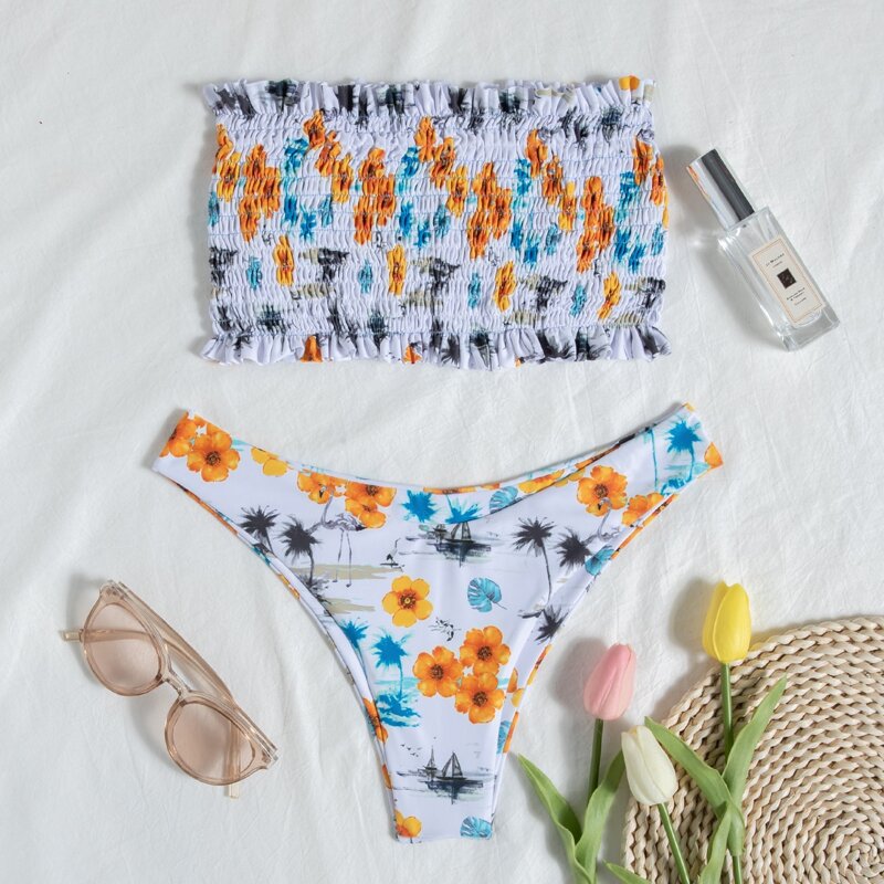 

Floral Smocked Frill Trim Bikini Swimsuit, Multicolor