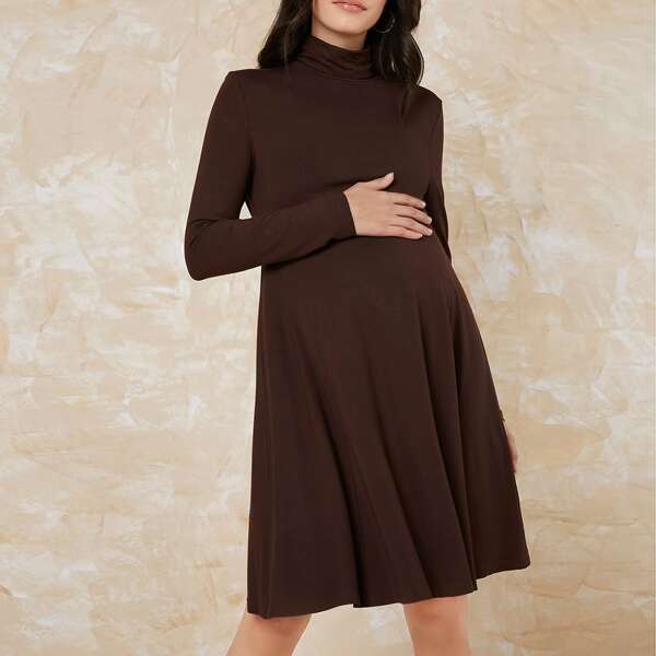 

Maternity Mock Neck Solid Dress, Chocolate brown
