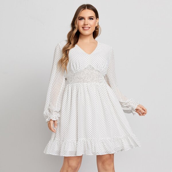 

Plus Shirred Waist Polka Dot Dress, White