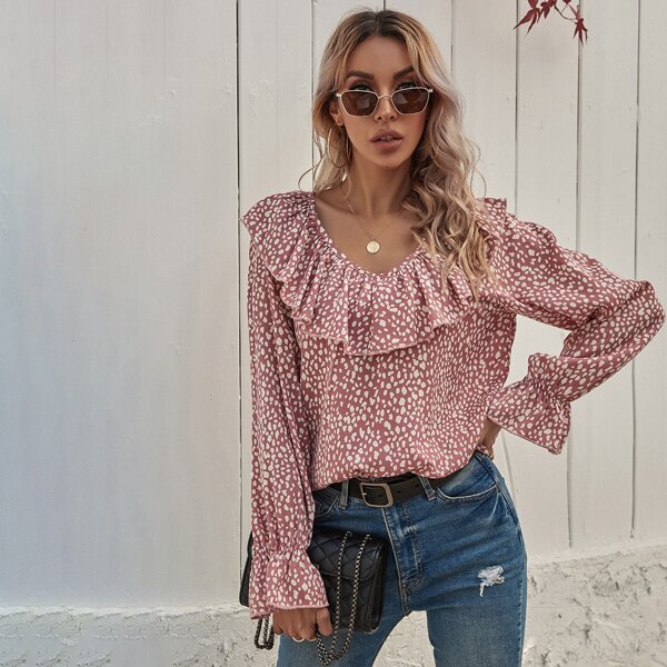 

Flounce Sleeve Allover Print Blouse, Dusty pink