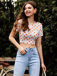 Camiseta corta con estampado de corazón - Blanco - Ver 1