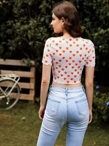 Camiseta corta con estampado de corazón - Blanco - Ver 2