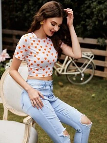 Camiseta corta con estampado de corazón - Blanco - Ver 3