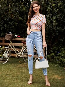 Camiseta corta con estampado de corazón - Blanco - Ver 5