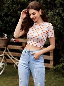 Camiseta corta con estampado de corazón - Blanco - Ver 6