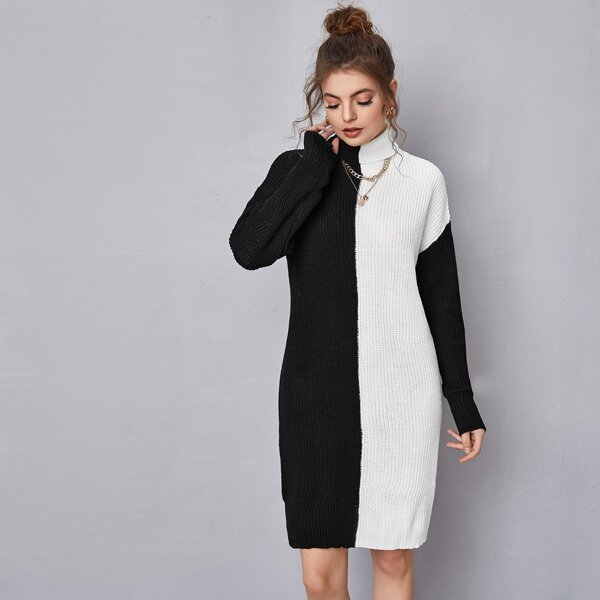 

Turtle Neck Colorblock Ribbed Knit Sweater Dress, Black and white