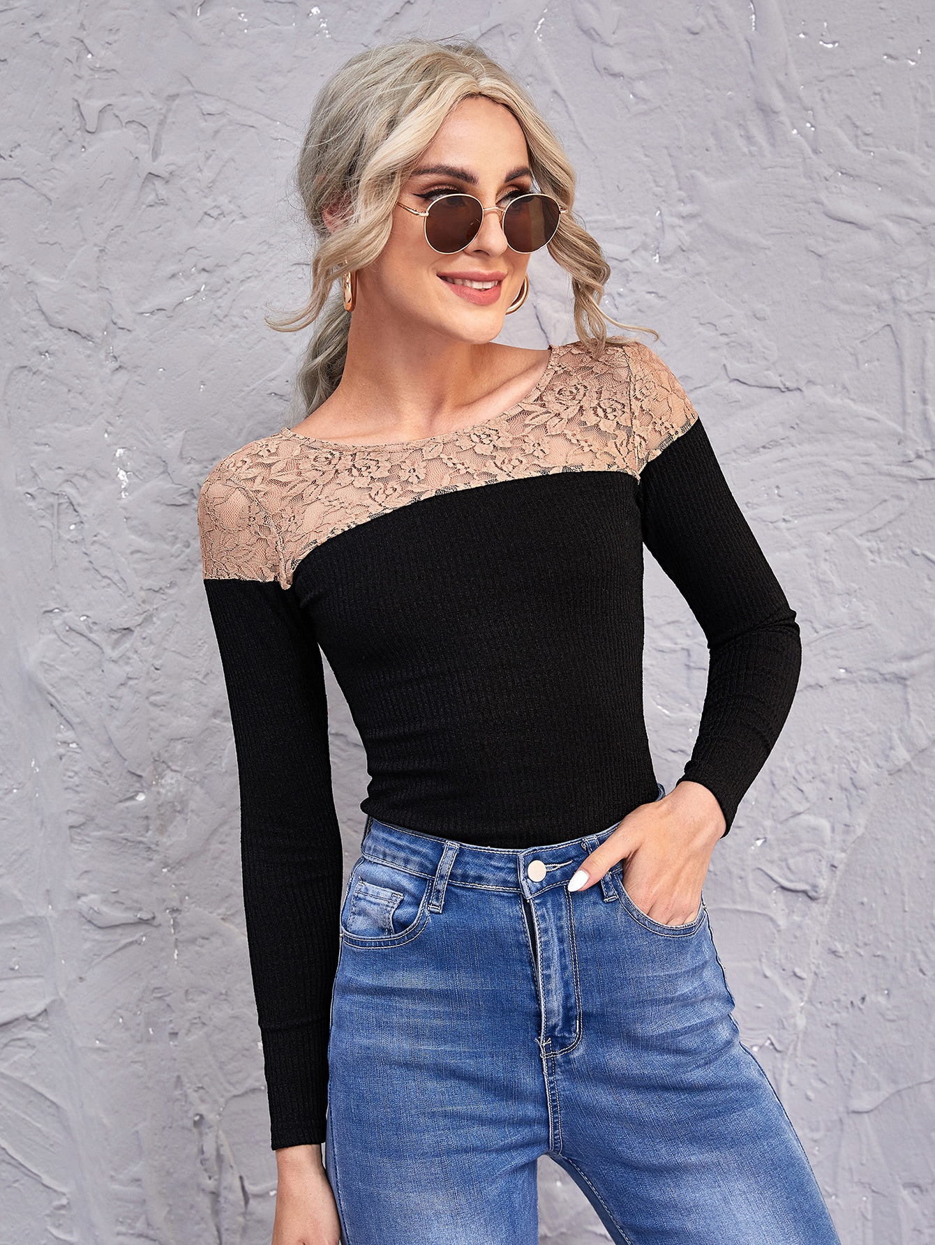 Lace Yoke Rib-knit Slim Tee thumbnail