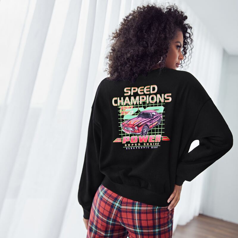 

Letter & Car Graphic Drop Shoulder Sweatshirt, Black