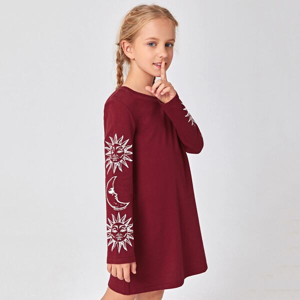 

Girls Sun & Moon Print Dress, Burgundy
