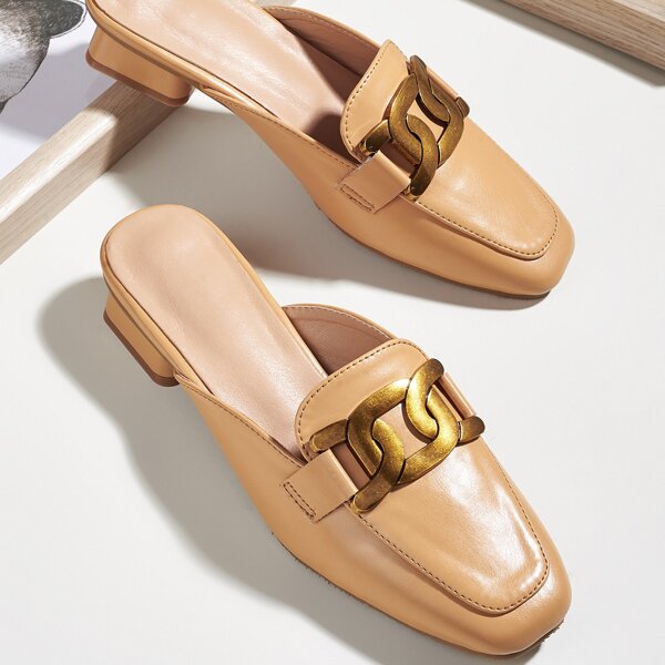 

Square Toe Chain Decor Loafer Mules, Khaki