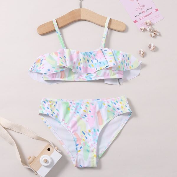 

Girls Allover Graphic Ruffle Bikini Swimsuit, Multicolor