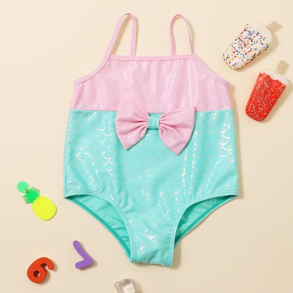 

Toddler Girls Fish Scale Bow Front One Piece Swimsuit, Multicolor