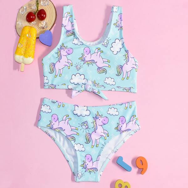 

Toddler Girls Unicorn Print Knot Hem Bikini Swimsuit, Multicolor