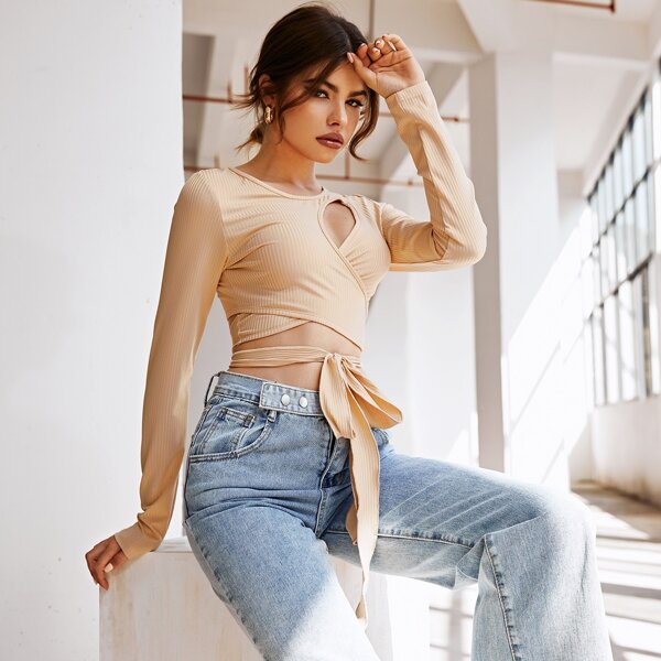 

Rib Knit Knot Hem Crossover Top, Apricot